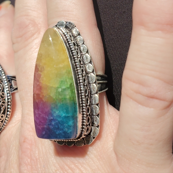 New Oversized Rainbow Solar Agate Quartz 925 Silver Statement Ring. - Picture 4 of 16